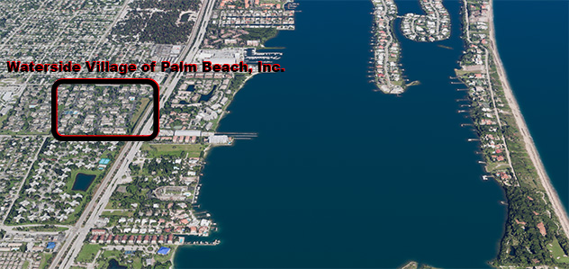 Aireal view of Waterside Village showing the intracoastal and the beach proximity.