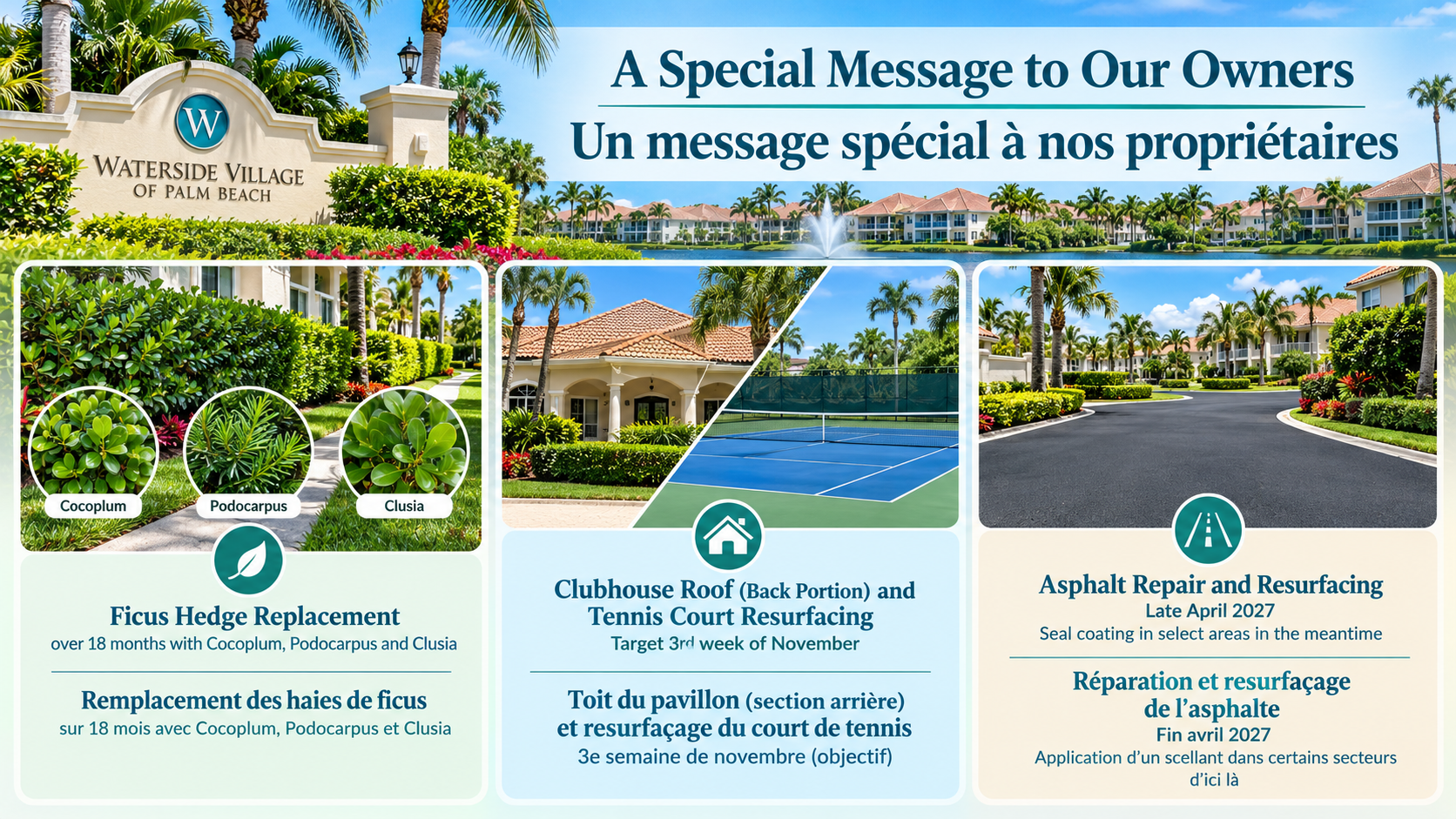 A Special Message to Our Owners / Un message spécial à nos propriétaires — Ficus hedge replacement, clubhouse roof and tennis court, asphalt resurfacing